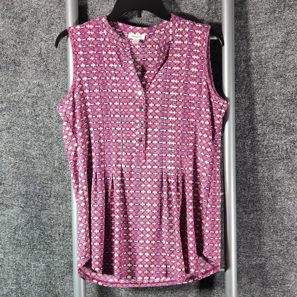 Westport Womens Pink Geometric Starburst Sleeveless Pintuck Blouse Medium